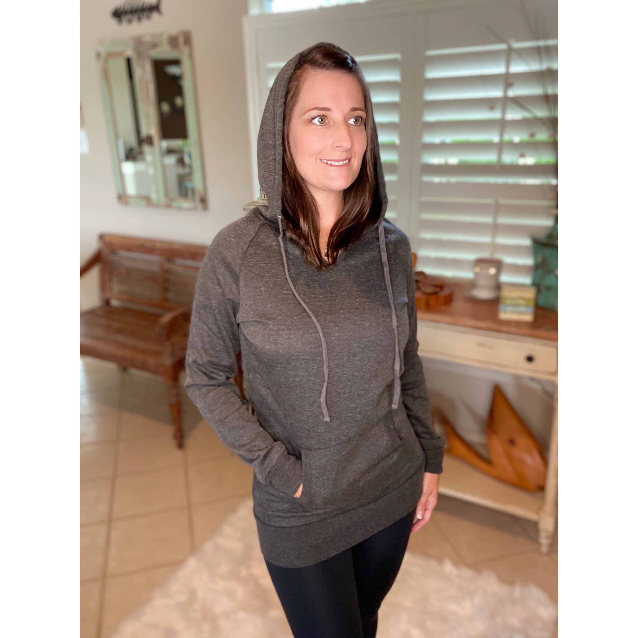 “I Can’t Wait for Winter” Kangaroo Pocket Drawstring Hoodie Banded Bottom Raglan Sleeve Gray