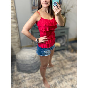 Tiered Ruffle Lace Scoop Neck Low Cut Cleavage Tank Cami Top Red 1X/2X/3X