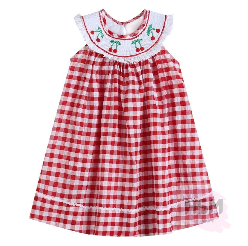 "Cherry On Top" Smocked Picnic Gingham Plaid Cherry Bishop Embroidery Red Dress