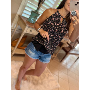 “Dance With Me” Floral Halter Keyhole Hi Round Neck Sleeveless Floaty Summer Dressy Top Black