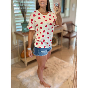 "Can't Buy Me Love" Heart Valentine Round Neck Short Ruffle Flutter Sleeve Top Red White