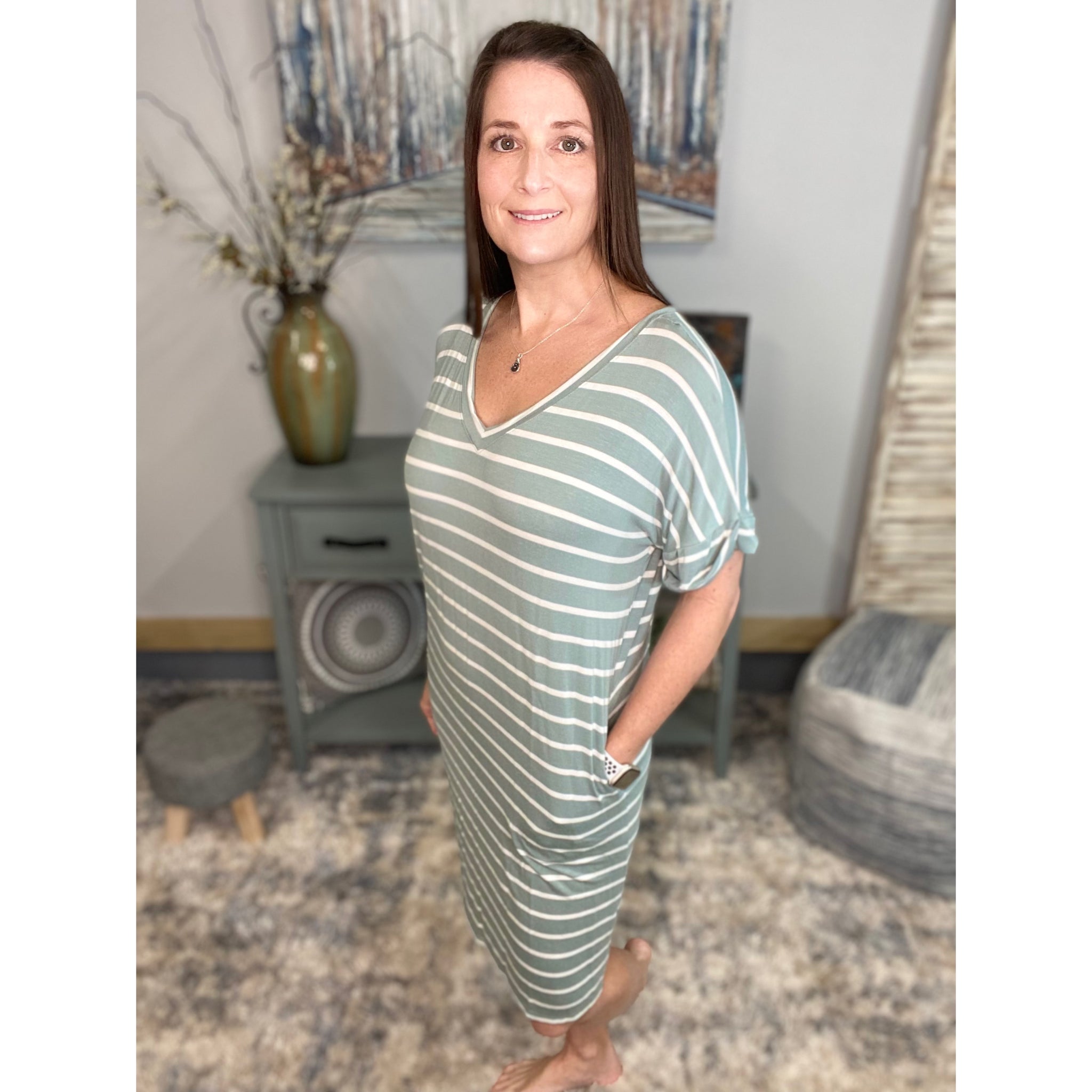"Think Out The Box" Boxy V Neck Striped Rolled Cuff Sleeve Pockets Summer Tee Shirt Dress Sage Green S/M/L