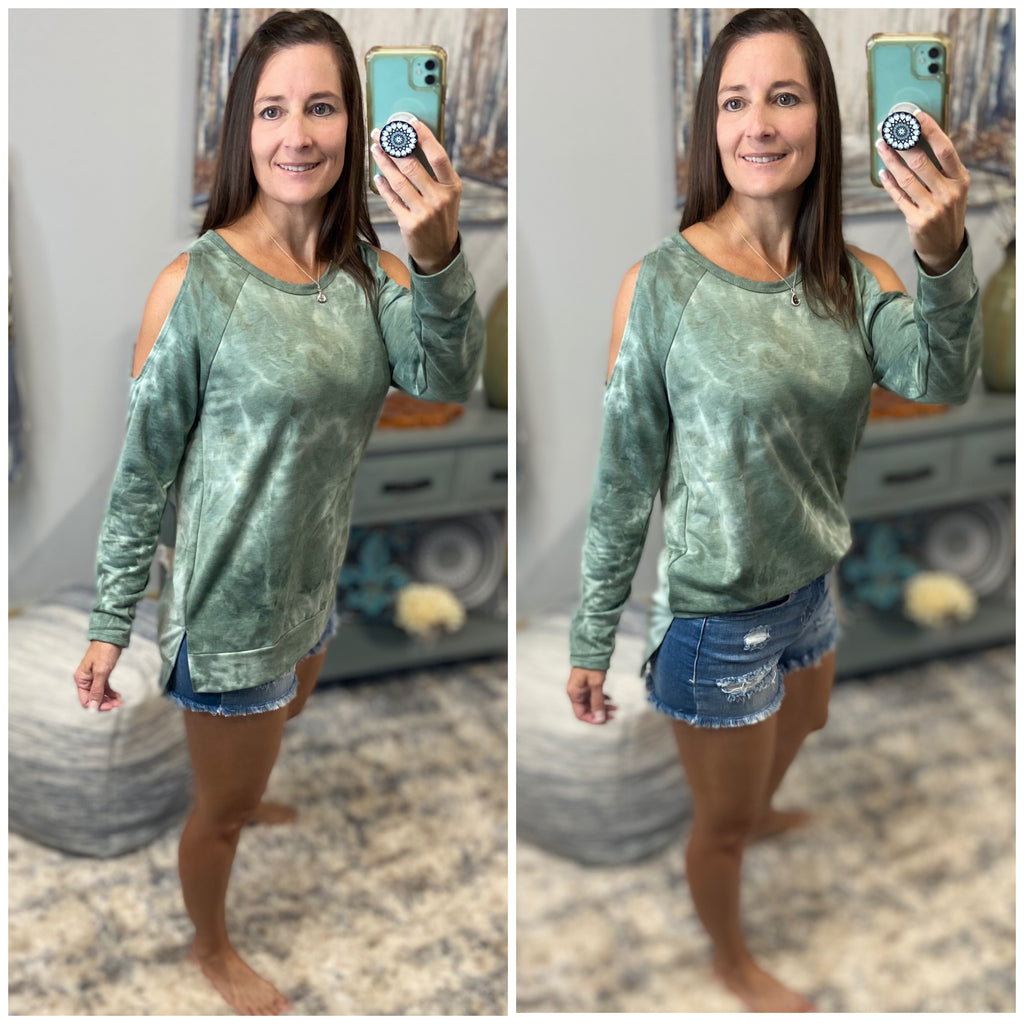 “Never Better” Tie Dye French Terry Cold Shoulder Long Sleeve Round Neck Split Side Top Green