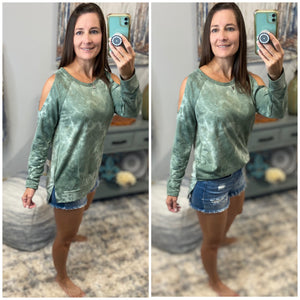 “Never Better” Tie Dye French Terry Cold Shoulder Long Sleeve Round Neck Split Side Top Green