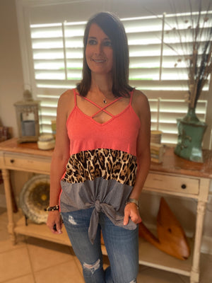 Sexy V-Neck Floaty Self Tie Animal Print Color Block Summer Tank Coral