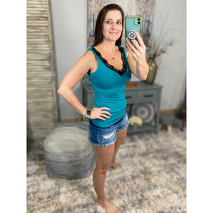 V-Neck Lace Stretch Low Cut Cleavage Dressy Slim Cami Top Teal S/M/L
