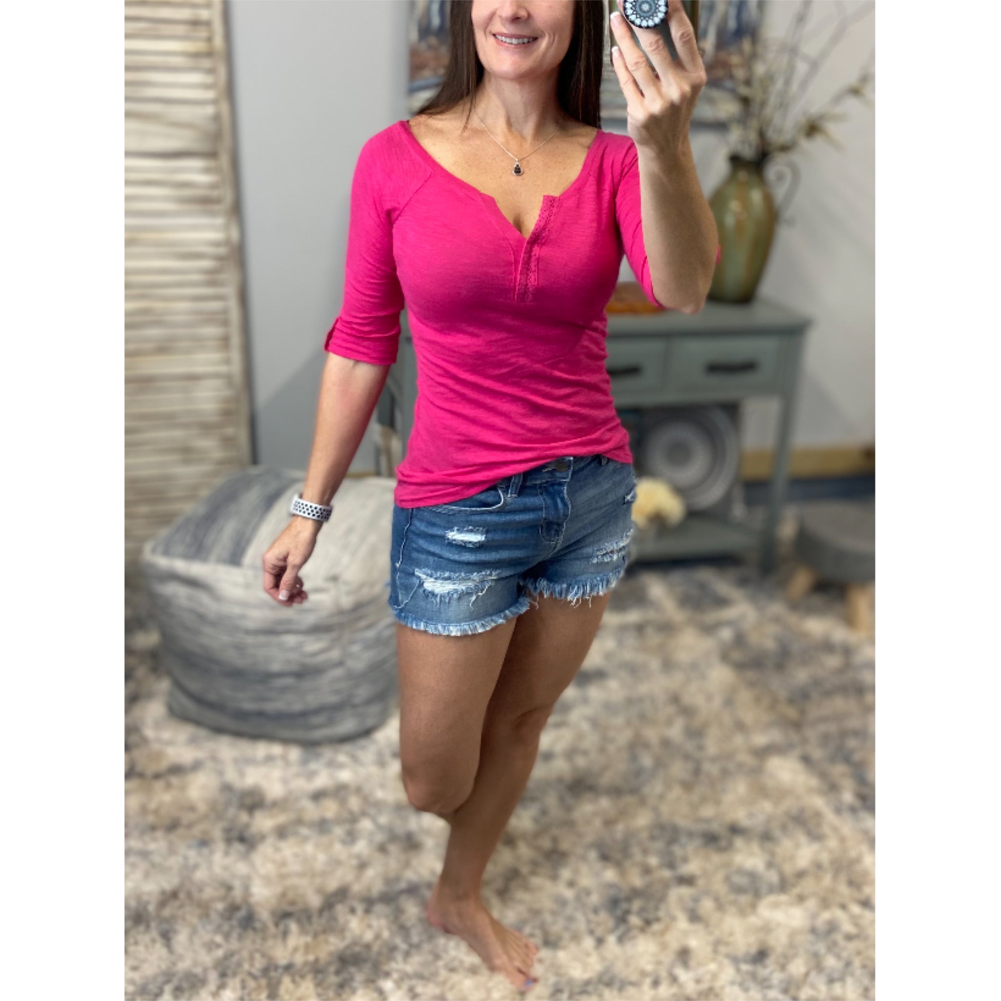 "Come Together" V-Neck Crochet Plunge Cleavage Military Melange 3/4 Cuff Sleeve Top Hot Pink
