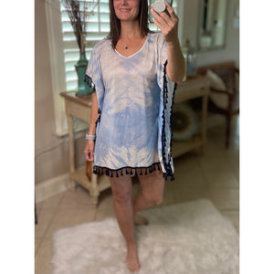 “Beach Bound” Tie Dye Beach Cover Up Pool Chic Boho Tassel Hem Mini Vibrant Vacation Blue OS