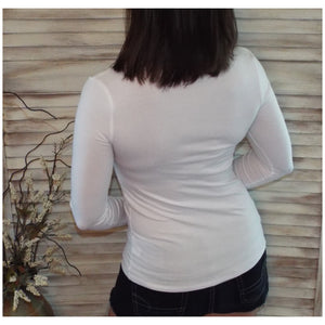 “Easygoing” Slimming V Neck Low Cut Long Sleeve Tissue Basic Baby Shirt Top White