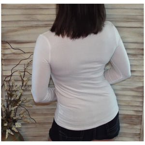 “Easygoing” Slimming V-Neck Low Cut L/S Tissue Basic Baby Shirt Top White S/M/L/XL
