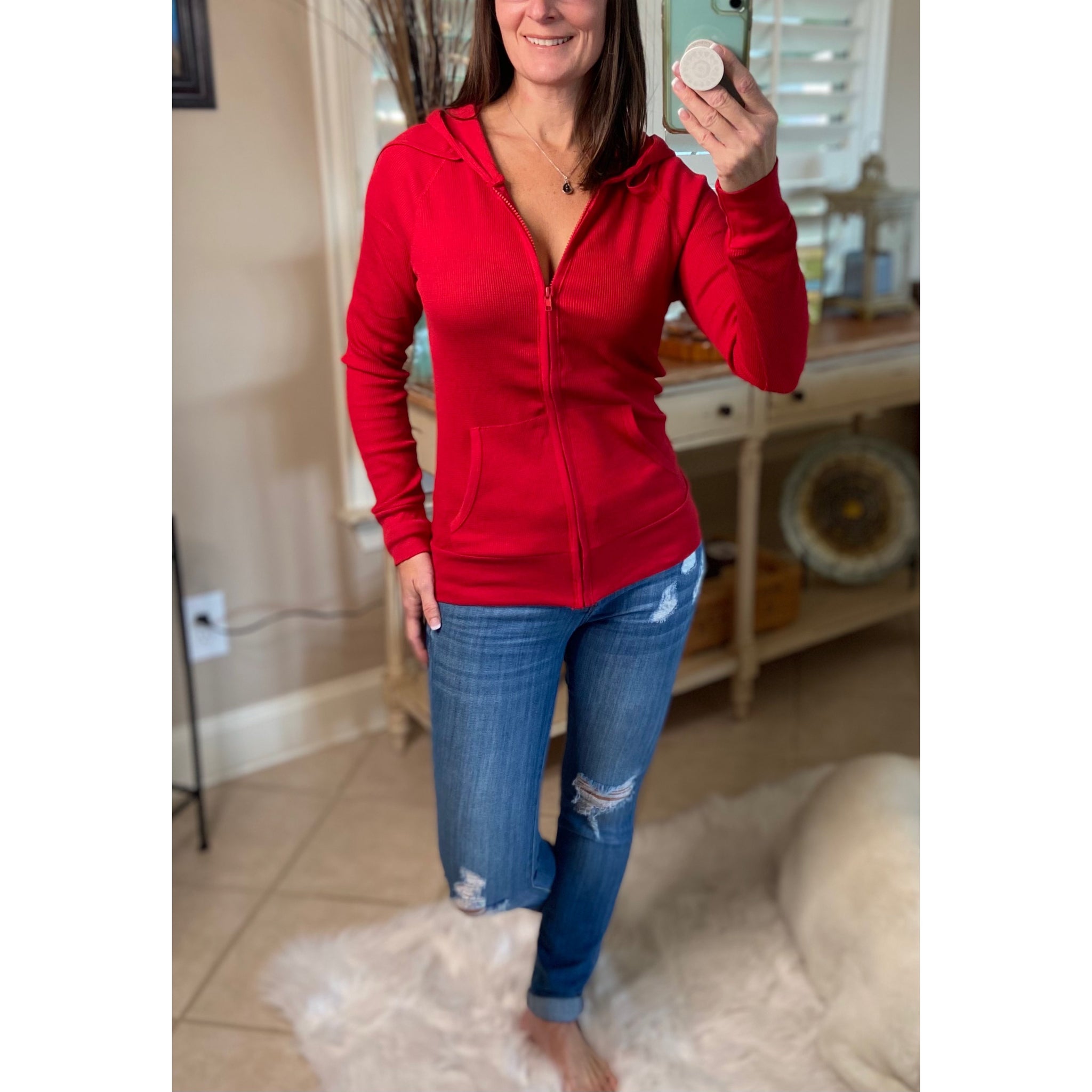 "Get Cozy" Zip Up Waffle Thermal Hoodie Light Jacket Long Sleeve Sweater Yoga Red Plus