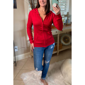 "Get Cozy" Zip Up Waffle Thermal Hoodie Light Jacket Long Sleeve Sweater Yoga Red Plus
