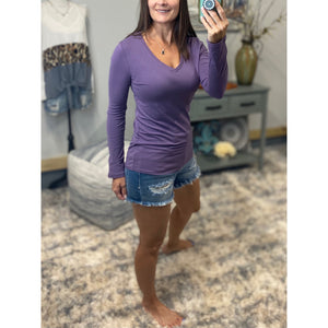 “Easygoing” Loose Slimming V Neck Low Cut Long Sleeve Tissue Basic Baby Shirt Top Lilac