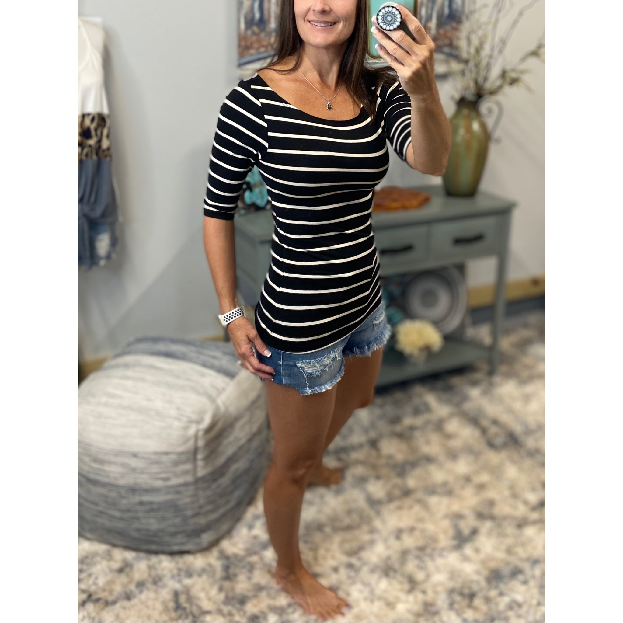Boat Neck Preppy Striped Rugby Open Shoulder 3/4 Shirt Top Black