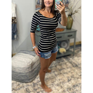 Boat Neck Preppy Striped Rugby Open Shoulder 3/4 Shirt Top Black