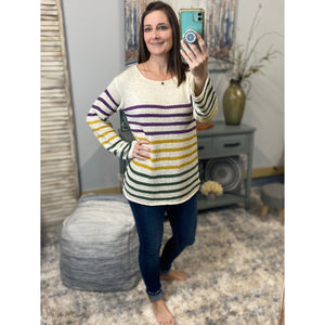 “Bacchus Bash” Mardi Gras Wide Neck Loose Striped Sweater Shirt Purple Green & Gold