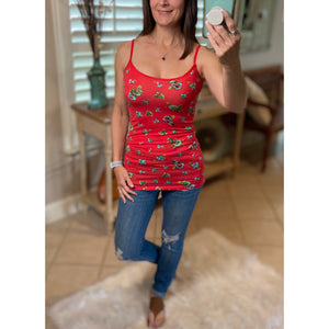 Low Cut Cleavage Country Floral Summer Layering Tank Cami Top Red S/M/L