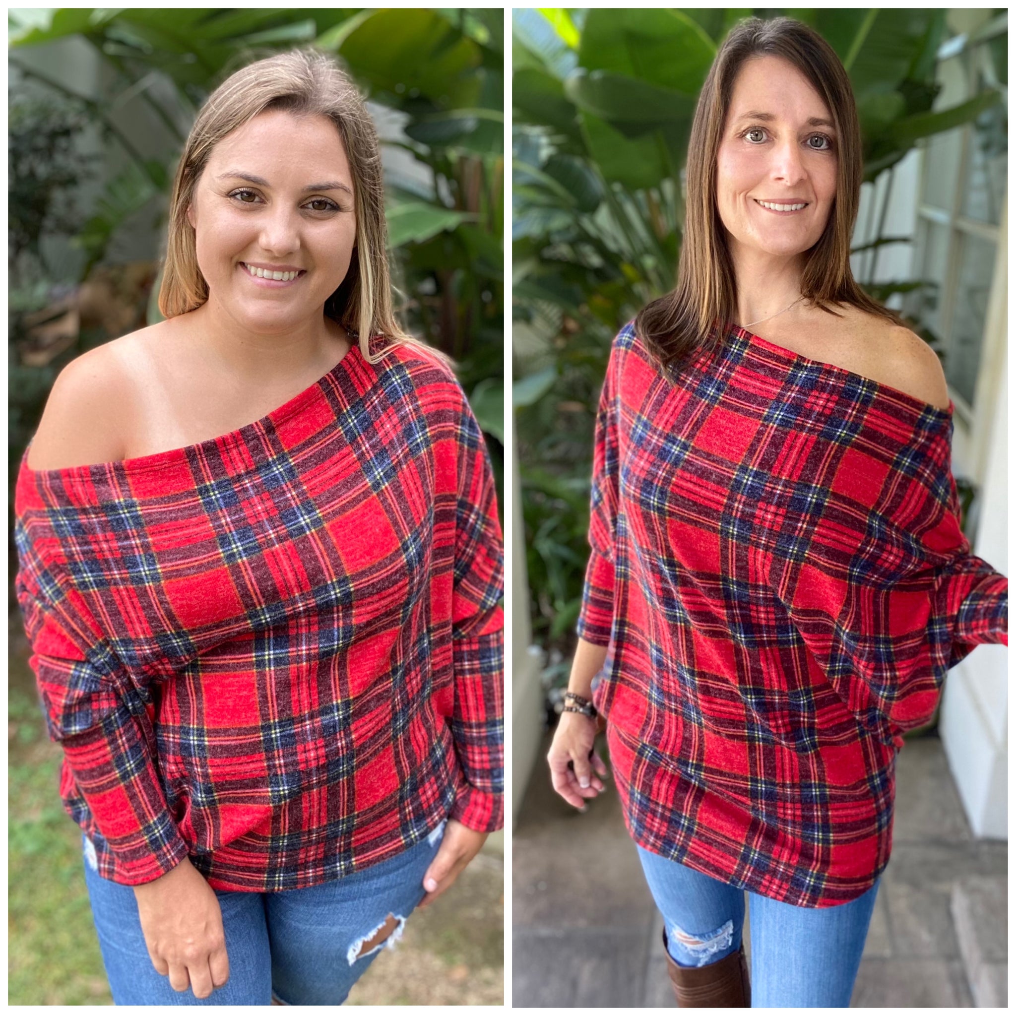 “Kick Up Your Heels” Plaid Off Shoulder Open Neck Dolman Long Sleeve Top Red S/M/L