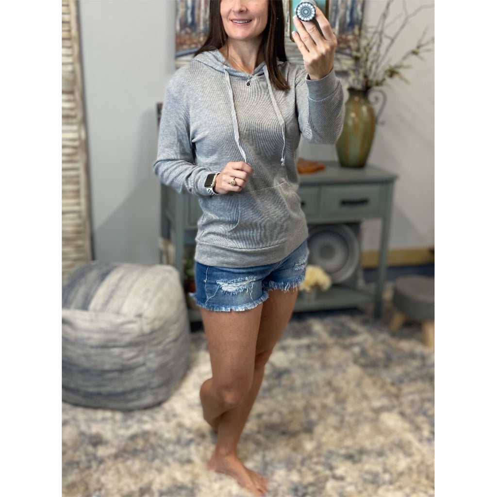 “Warm My Soul” Crew Neck Waffle Thermal Long Sleeve Pocket Urban Drawstring Hoodie Light Gray