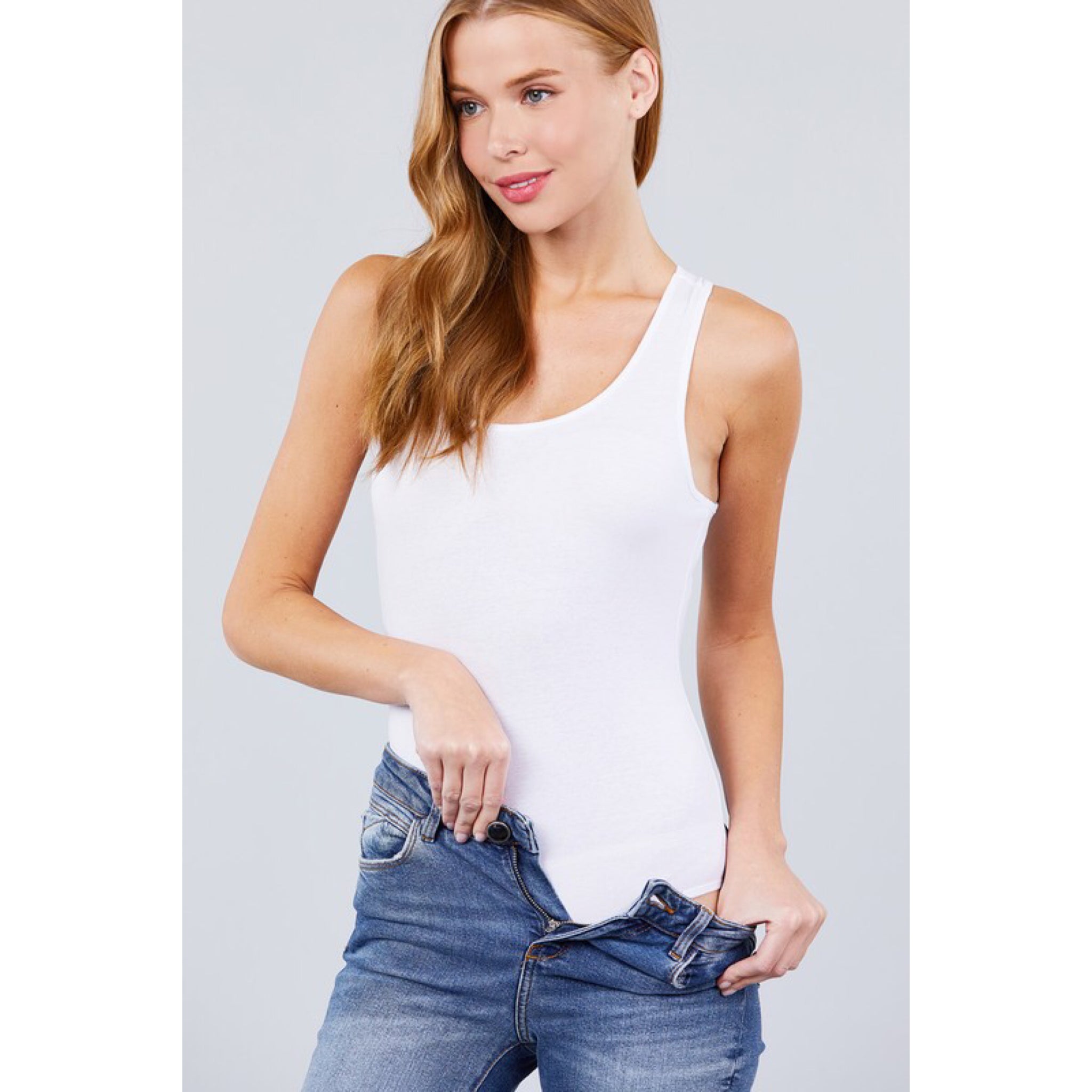 “Simply Basic Bodysuit” Sleeveless Racerback Scoop Neck Bodysuit Tank Top White S/M/L/XL