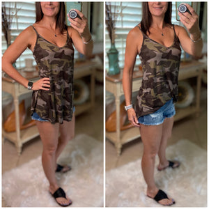 “Heat Wave” Reversible Camouflage Low Scoop Or V Neck Spaghetti Strap Tank Top Green