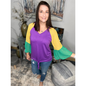"Beads or Bust" Mardi Gras Color Block Swiss Dot Flutter Bell Sleeves V Neck Tie Bottom Shirt Purple Green & Gold
