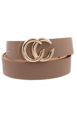 Double C Metal Buckle Faux Leather Belt Taupe Gold