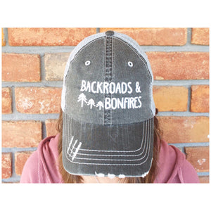 “Backroads & Bonfires” Distressed Embroidered Trucker Hat Mess Back Dark Gray