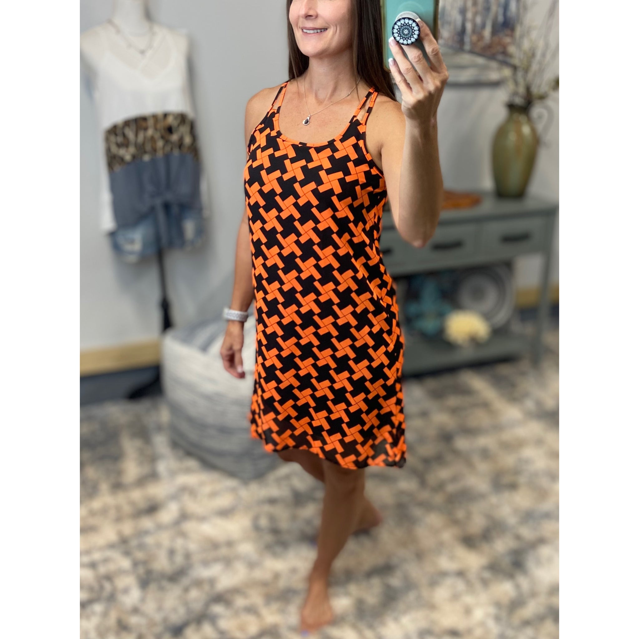 "My Way" Chiffon Double Strap Racerback Sheer Overlay Dress Geometric Orange Navy S/M/L