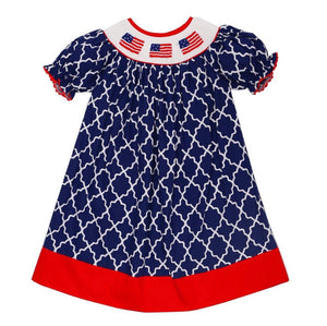USA American Flag Embroidered Plaid Bishop Dress Red White Blue