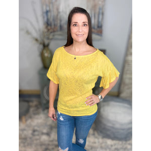 "Charmed Life" Boat Neck Short Ruffle Bell Dolman Sleeve Top Yellow
