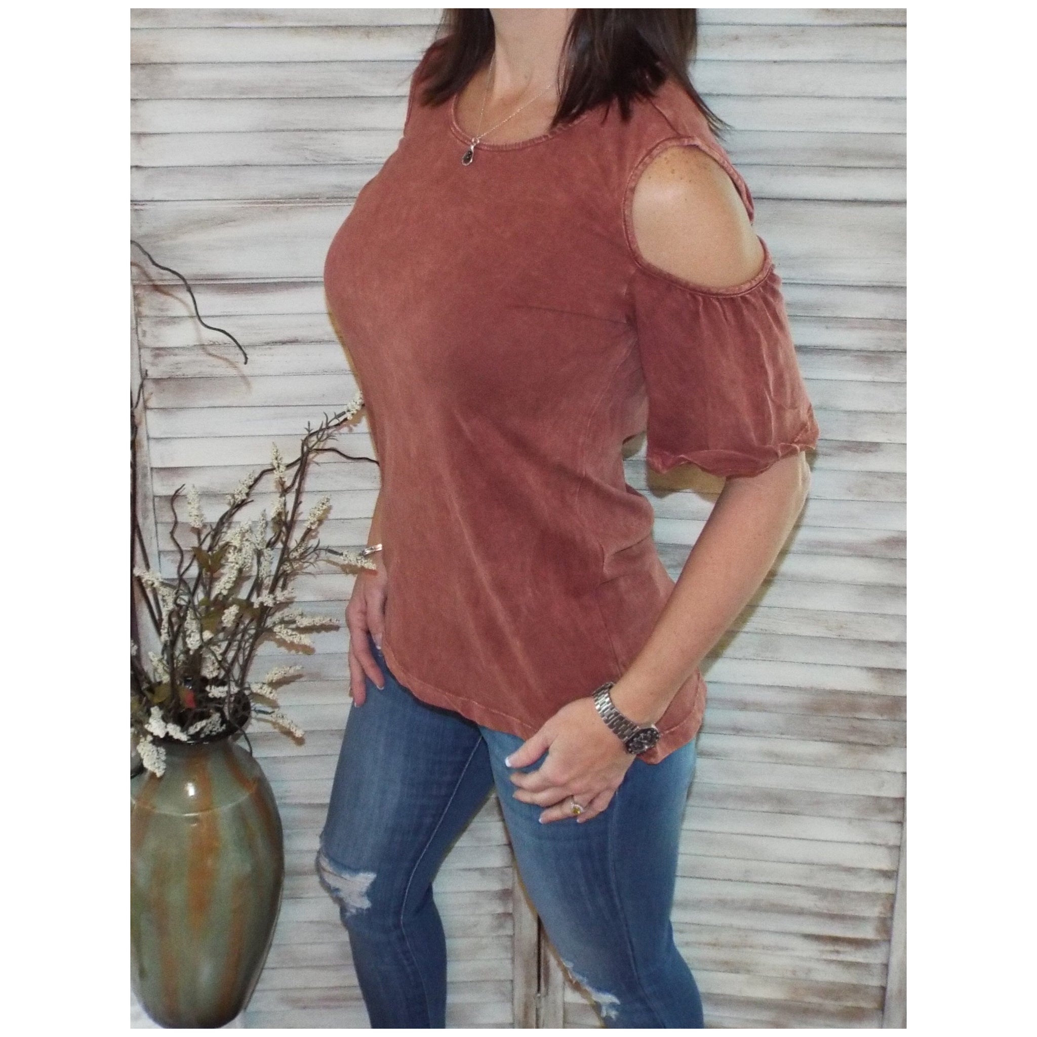 Sexy Scoop Neck Bell Sleeve Cold Shoulder Cutout Top Mineral Wash Rust