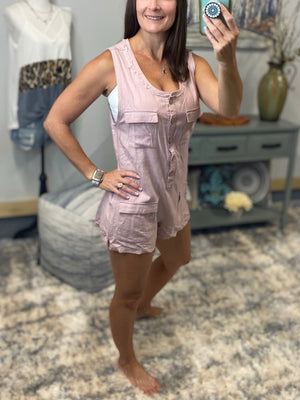 Sexy V-Neck Linen Sleeveless Dressy Romper Shorts Pocket Bottom Pink S/M/L