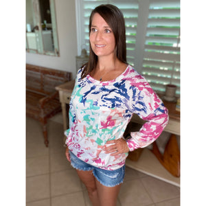 “Wild About You” Multi Tie Dye Wide Rounded Neck Off Shoulder Banded Long Sleeve Top Rose
