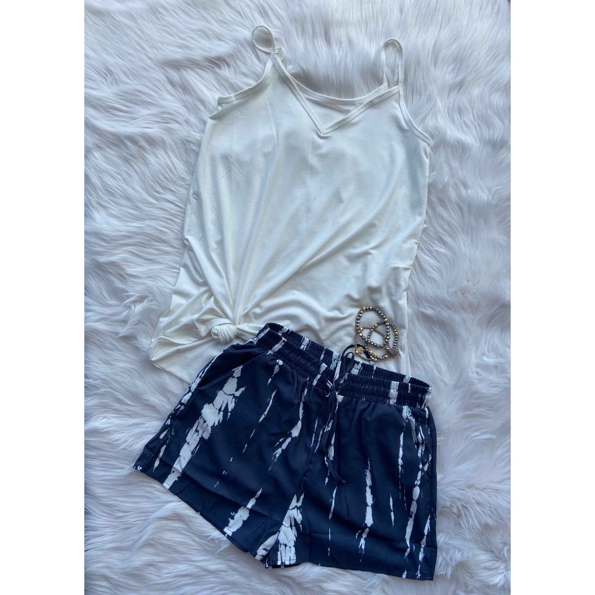 Tie Dye Elastic Drawstring Pocket Dressy Shorts Navy S/M/L/XL