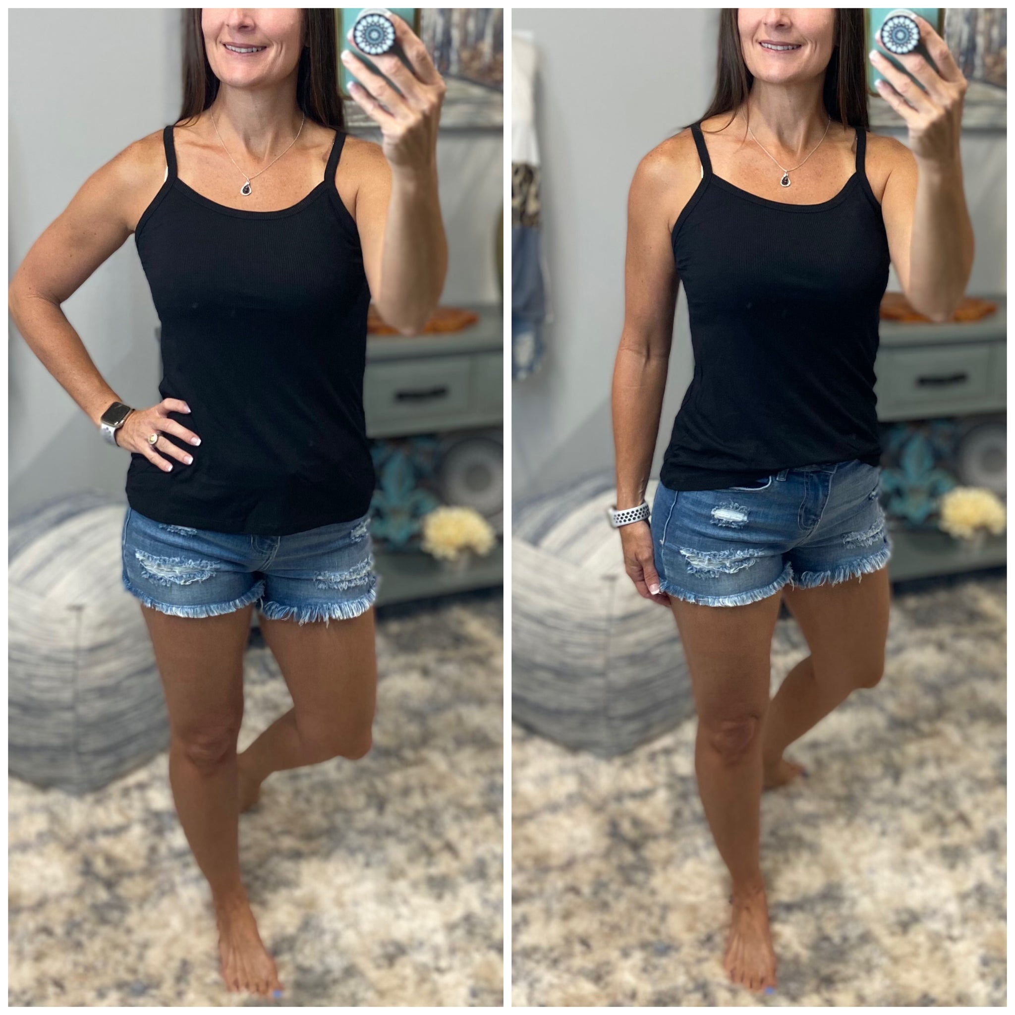 “Perfect Places” Ribbed Scoop Spaghetti Strap Cami Tank Top Black S/M/L