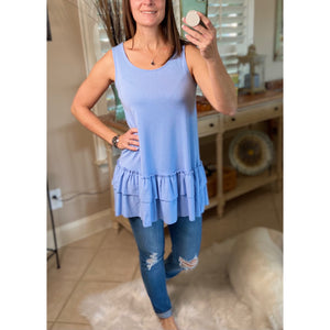 Ruffle Bottom Scoop Neck Sleeveless Floaty Tunic Tank Top Spring Blue