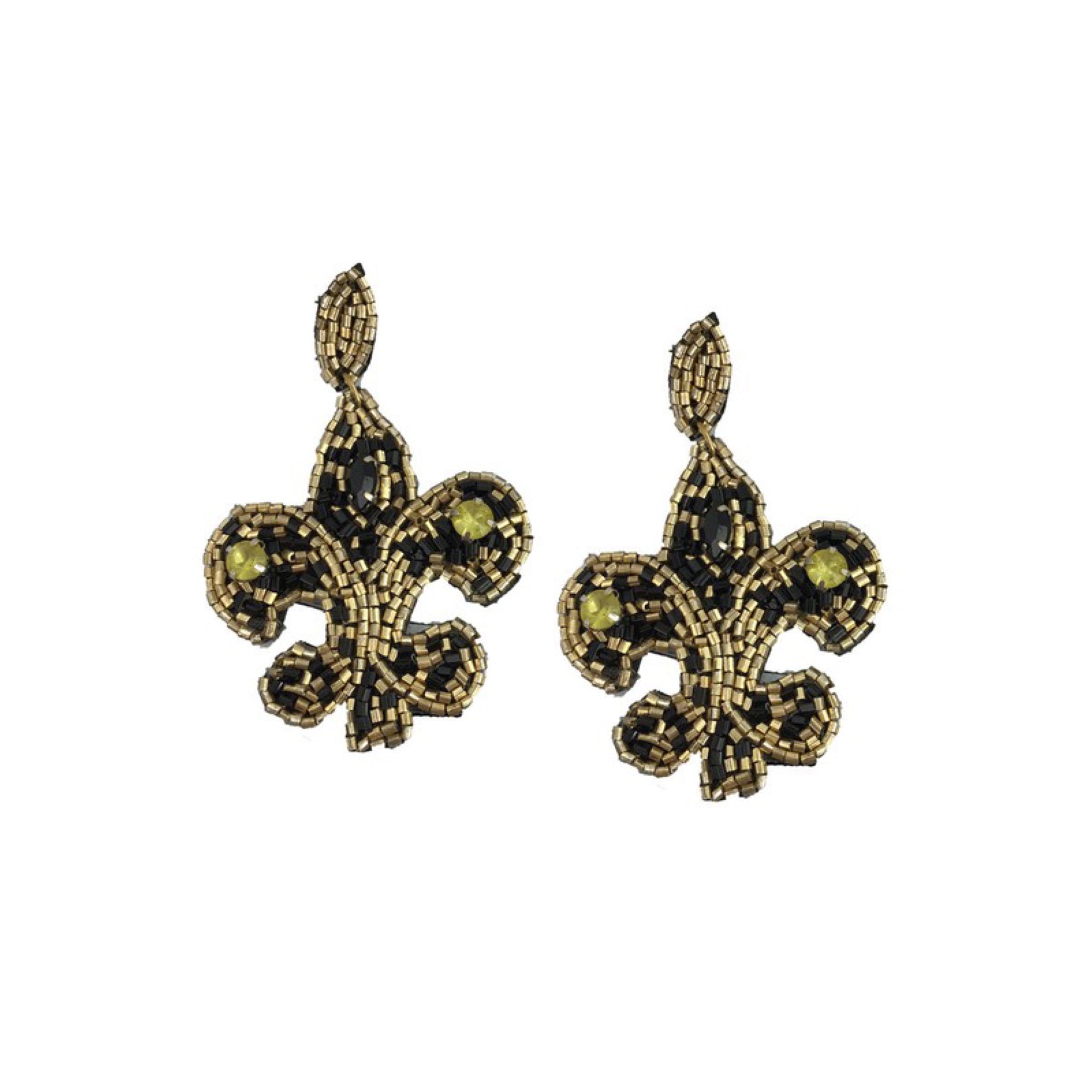 “Let’s Go All The Way” Fleur de Lis Seed Bead Post Earrings Saints Black & Gold