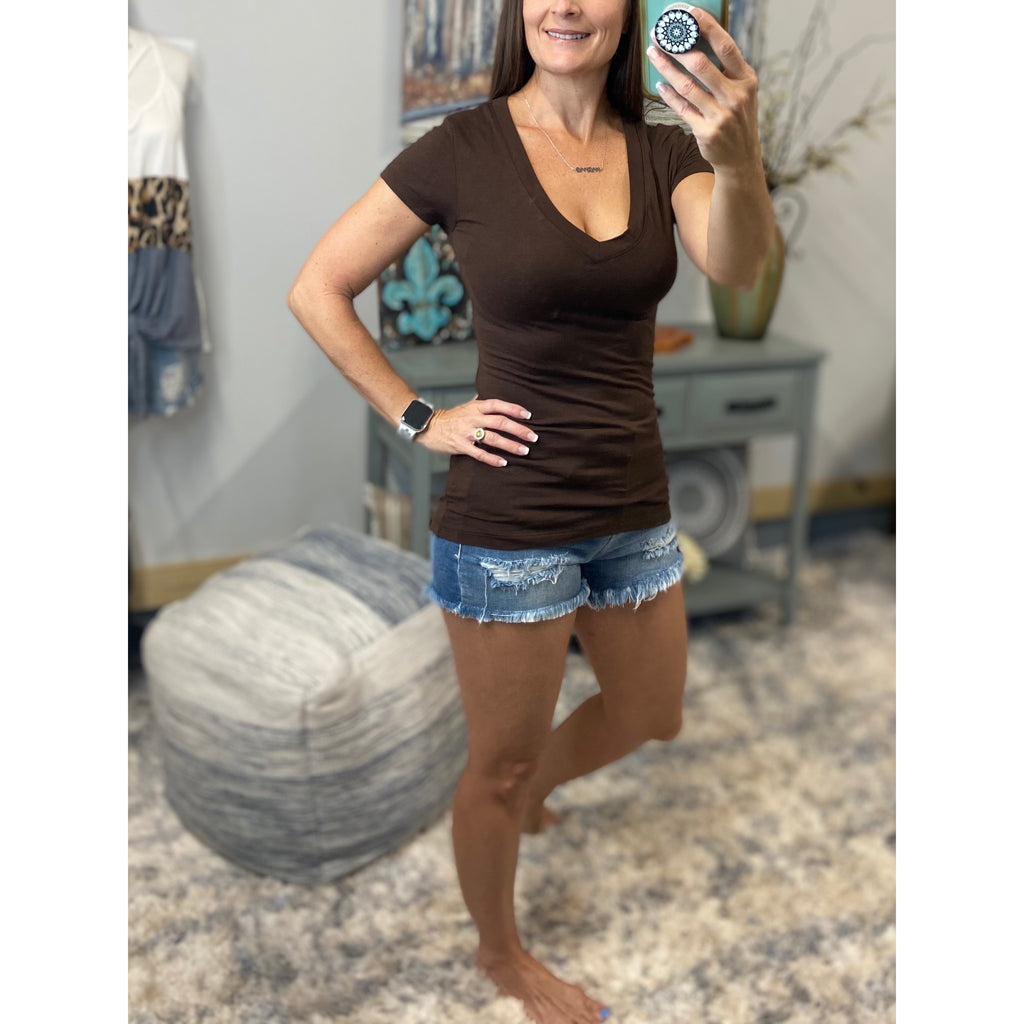 “Basic Babe” Low Cut V-Neck Cleavage Baby Slimming Basic Tee Shirt Brown 1X/2X/3X