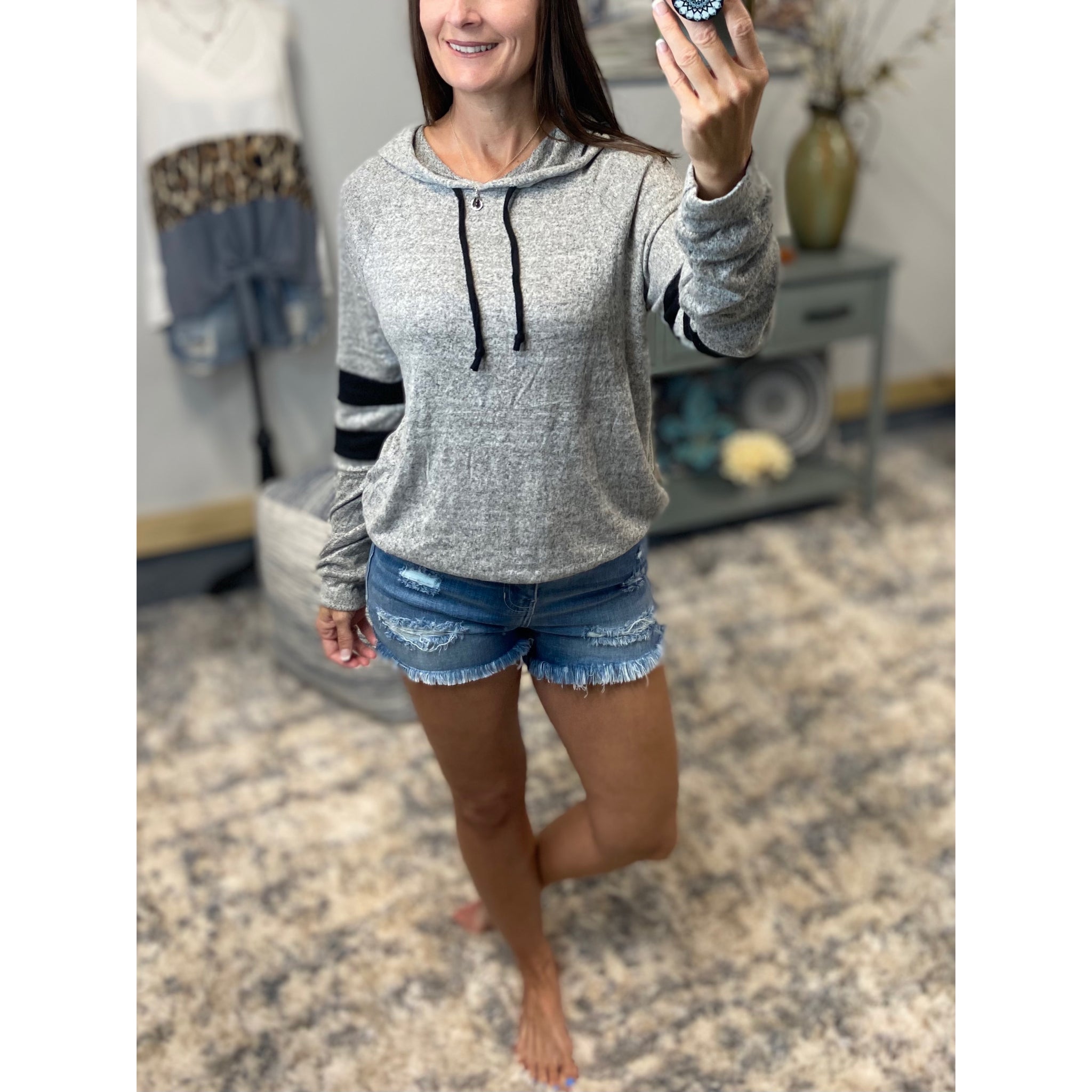 Sporty Athletic Hacci Contrast Sweater Knit Drawstring Hoodie Long Sleeve Gray