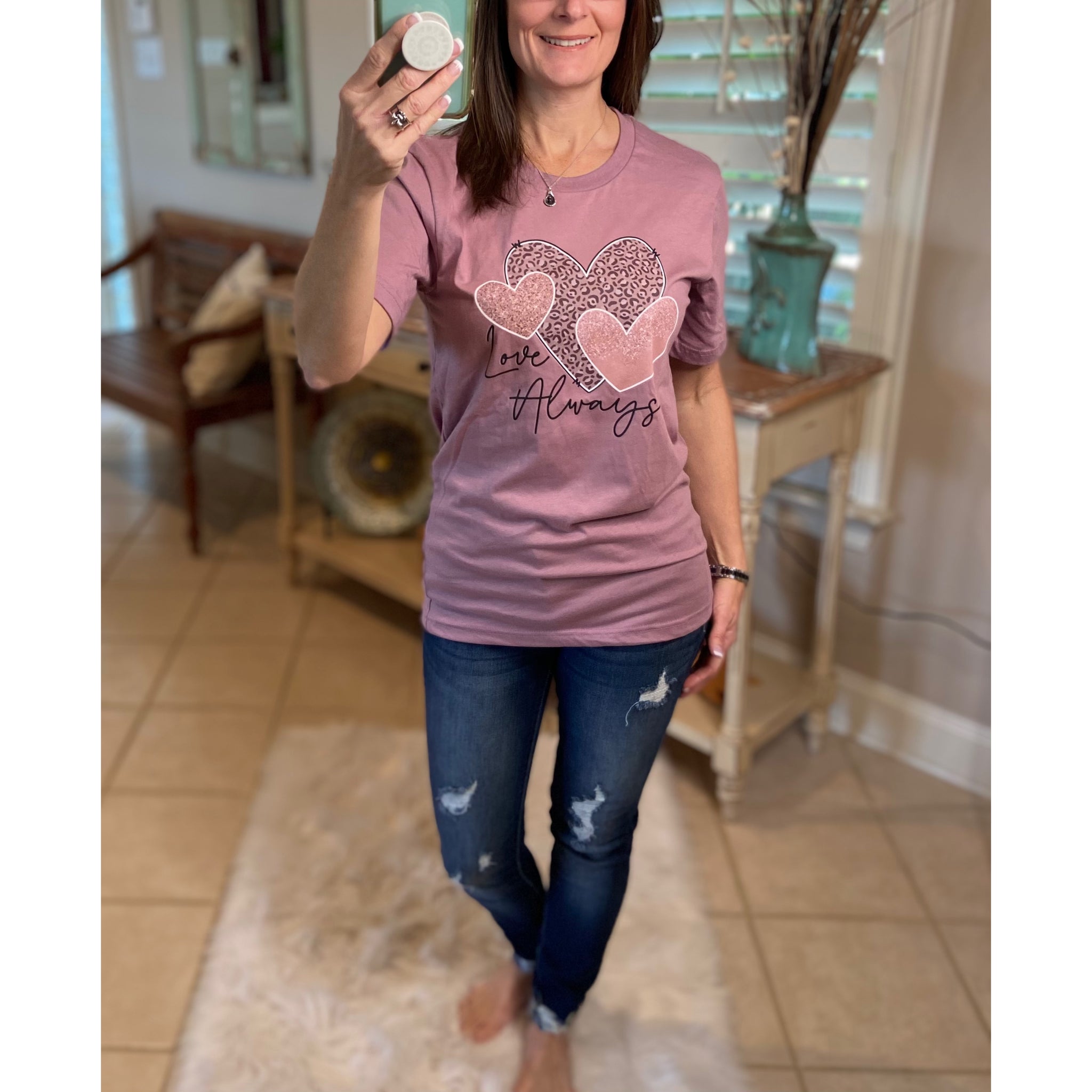 “Love Always” Leopard Hearts Valentine’s Day Boyfriend Baby Basic Tee Shirt Pink S/M/L/XL