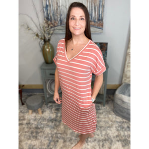 "Think Out The Box" Boxy V-Neck Striped Rolled Cuff Sleeve Pocket Summer Tee Shirt Dress Rose Pink S/M/L