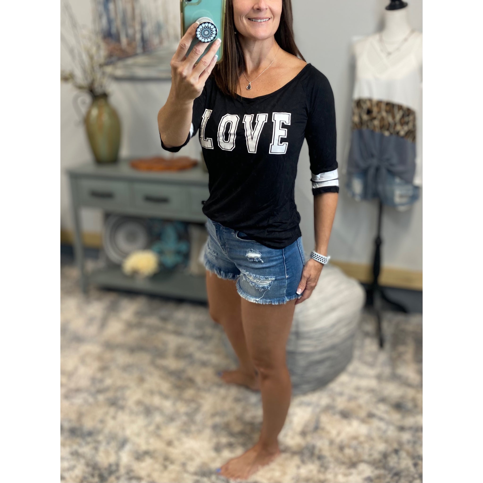 “Love On The Run” LOVE Scoop Neck Sporty Football Short Sleeve Tee Shirt Black
