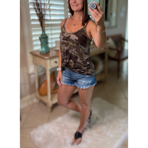 “Heat Wave” Reversible Camouflage Low Scoop Or V Neck Spaghetti Strap Tank Top Green