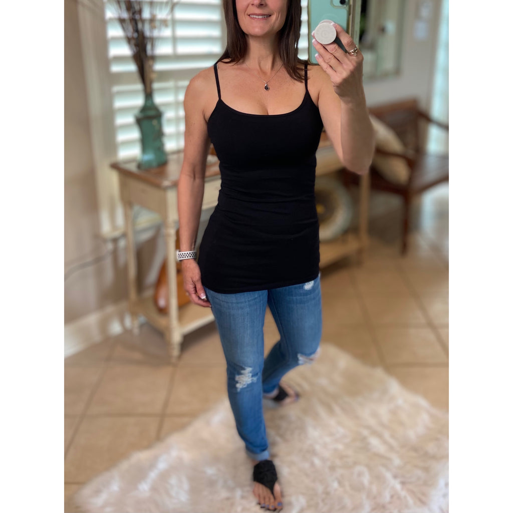 Low Cut Shelf Bra Cleavage Adjustable Spaghetti Strap Cami Tunic Tank Black