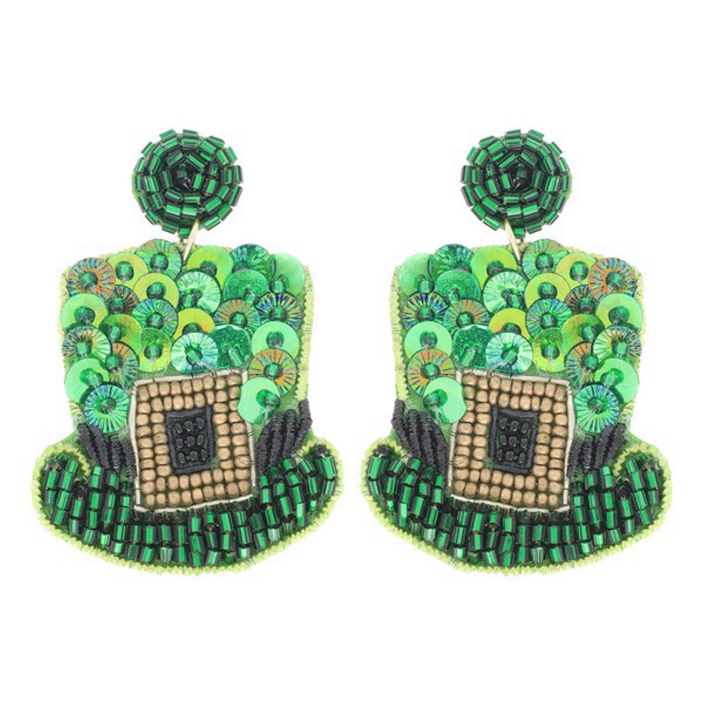 “Lucky Me” St. Patrick's Day Leprechaun Hat Seed Bead Sequined Post Drop Earrings Green