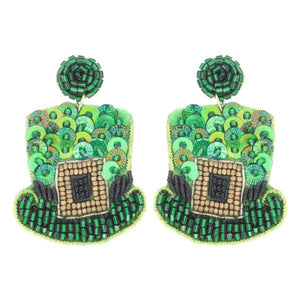 “Lucky Me” St. Patrick's Day Leprechaun Hat Seed Bead Sequined Post Drop Earrings Green