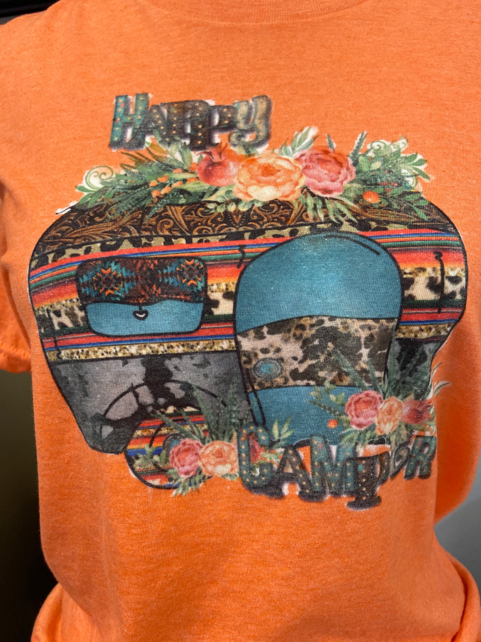 “Happy Camper” Retro Western Camper Bleached Sublimation Boyfriend Basic Tee Shirt Pink S/M/L/XL