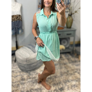 Henley Collar Button Up Lace Sleevless Boho Shirt Dress Mint Green S/M/L