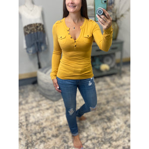 Deep V Neck Plunge Cleavage Military Henley Pocket Long Sleeve Top Yellow
